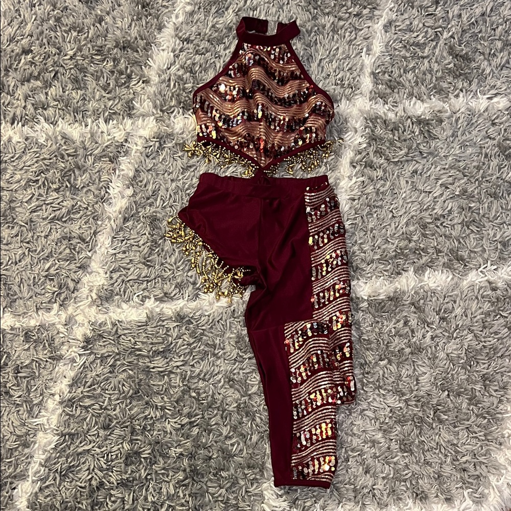 Glamour Burgundy and Gold Sequin 1 leg Jumpsuit